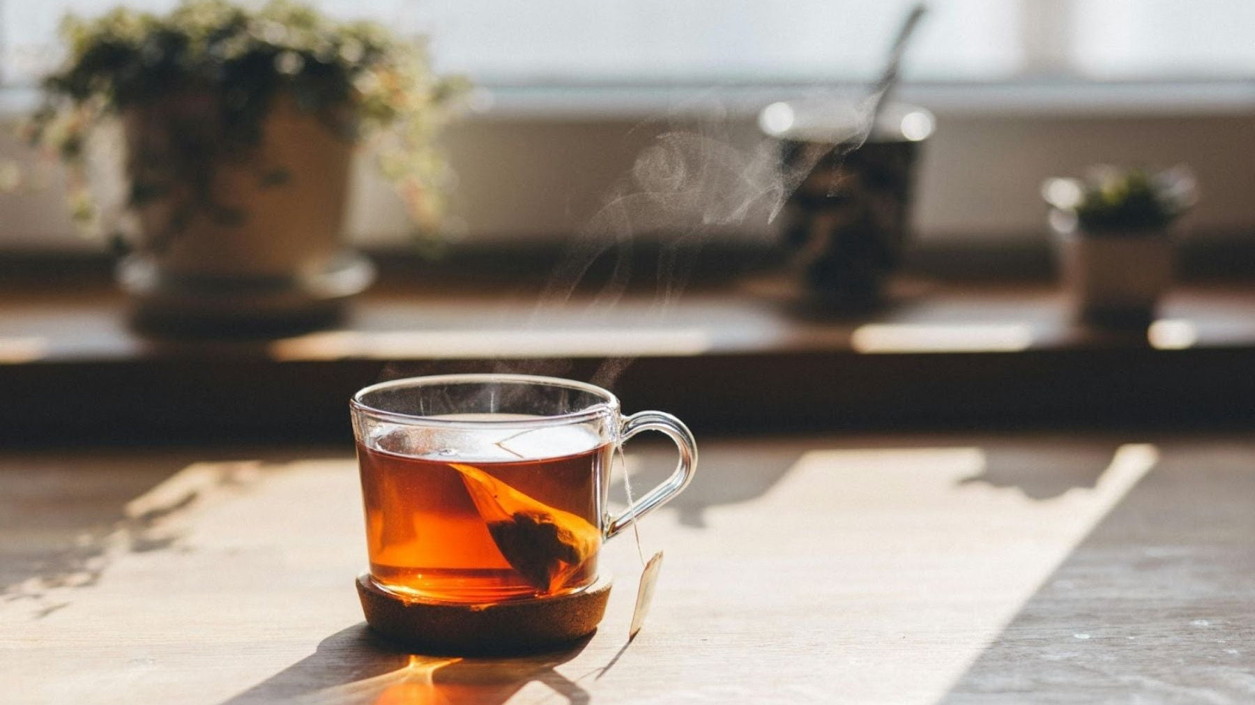 Glass cup of tea with a tea bag on a sunlit table with steam rising