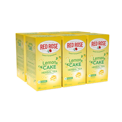 Six boxes of Red Rose Lemon Cake Herbal Tea on a white background
