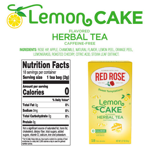 Lemon Cake flavored herbal tea packaging with nutritional information on a white background