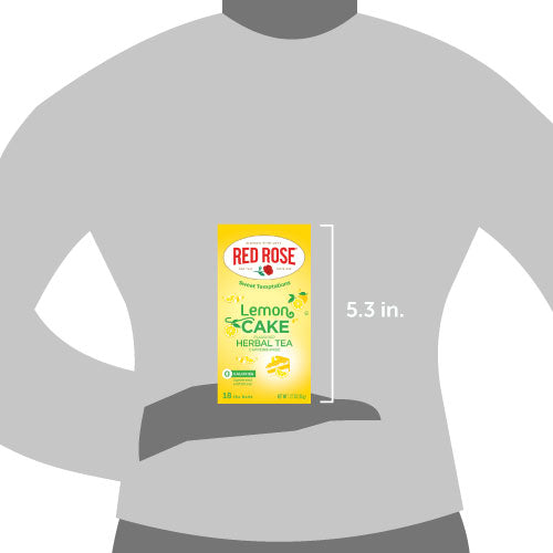 Red Rose Lemon Cake herbal tea package on a gray shirt with dimensions indicated.