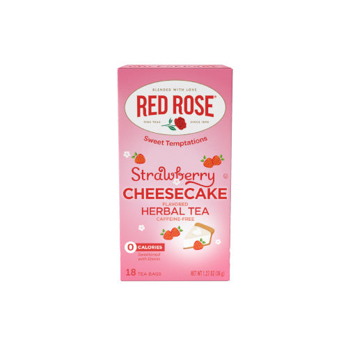 Pink box of Red Rose Strawberry Cheesecake herbal tea on a white background