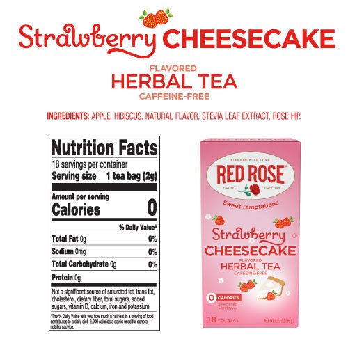 Red Rose Strawberry Cheesecake herbal tea packaging with nutrition facts on a white background