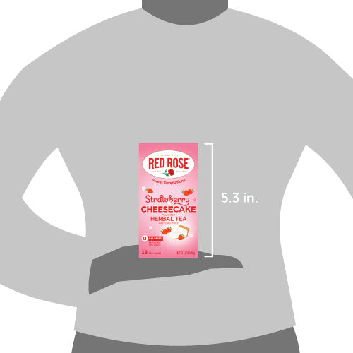 Red Rose Strawberry Cheesecake herbal tea box on a gray t-shirt with dimensions indicated.