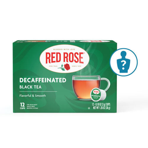 Box of Red Rose Decaffeinated Black Tea on a white background with a Mystery Figurine symbol