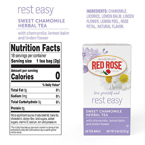 Red Rose Rest Easy Sweet Chamomile Herbal Tea packaging with nutrition facts label on a white background