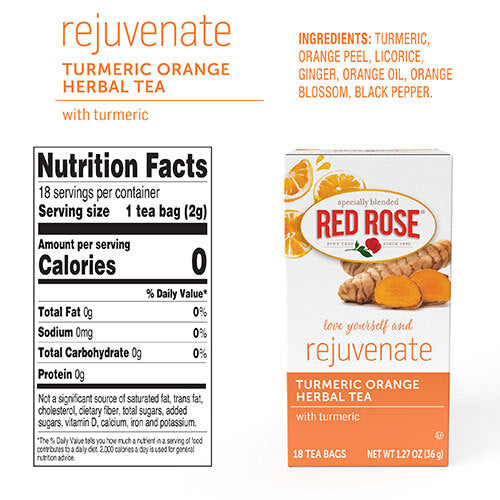 Red Rose Rejuvenate Turmeric Orange Herbal Tea packaging with nutrition facts label on a white background