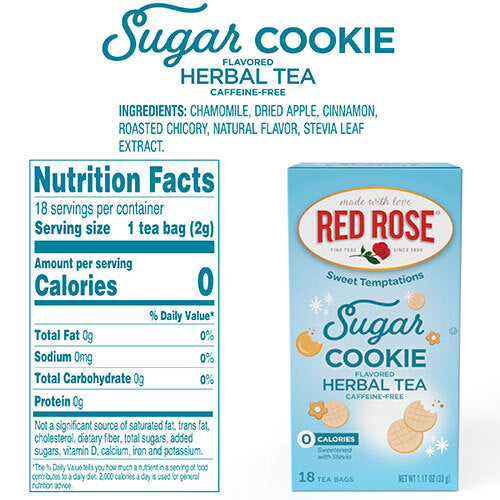 Red Rose Sugar Cookie flavored herbal tea packaging with nutrition facts on a white background