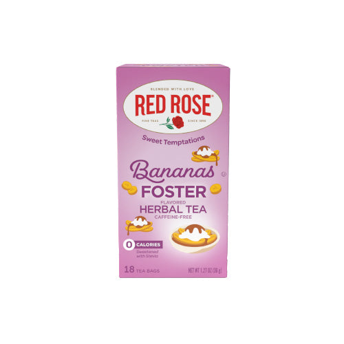 Box of Red Rose Bananas Foster herbal tea on a white background
