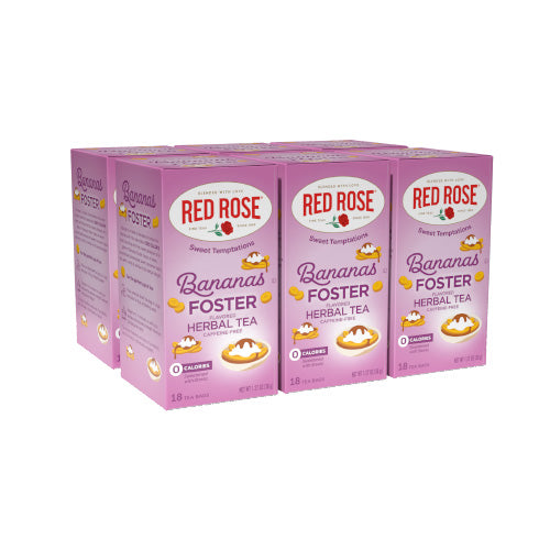 Six boxes of Red Rose Bananas Foster herbal tea on a white background