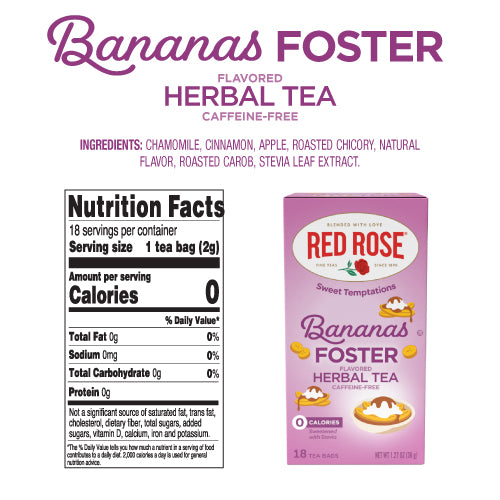 Red Rose Bananas Foster herbal tea packaging with nutrition facts on a white background