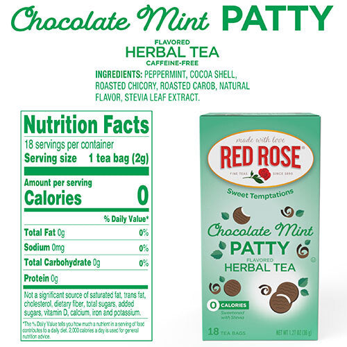 Red Rose Chocolate Mint Patty Herbal Tea packaging with nutrition facts on a white background