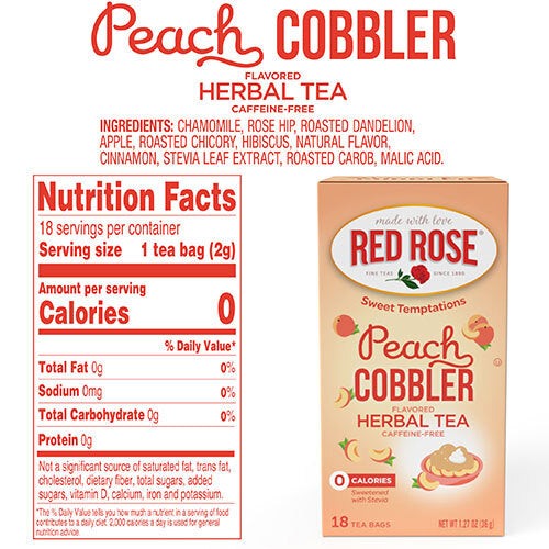 Red Rose Peach Cobbler Herbal Tea packaging with nutrition facts on a white background