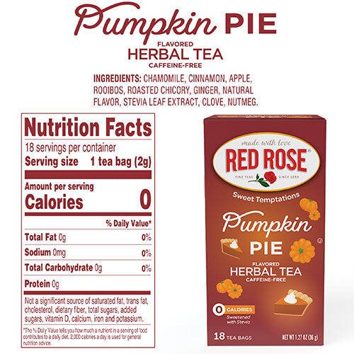 Red Rose Pumpkin Pie Herbal Tea package with nutrition facts on a white background