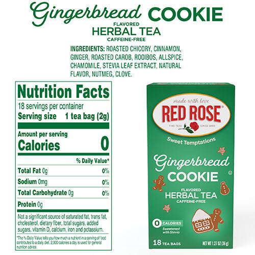 Red Rose Gingerbread Cookie flavored herbal tea packaging with nutrition facts on a white background
