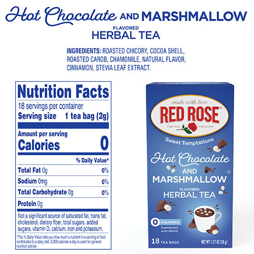 Red Rose Hot Chocolate and Marshmallow flavored herbal tea packaging with nutrition facts.