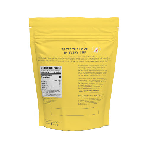 Yellow tea package with text and nutrition facts on a white background