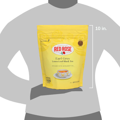 Yellow package of Red Rose Earl Grey Loose Leaf Black Tea on a gray background with dimensions indicated.