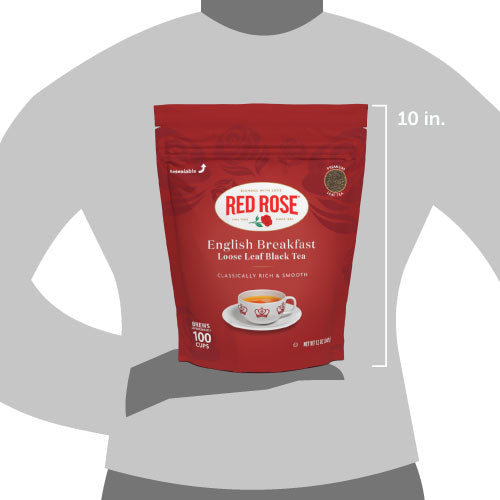 Red Rose English Breakfast tea package on a gray shirt with dimensions indicated.