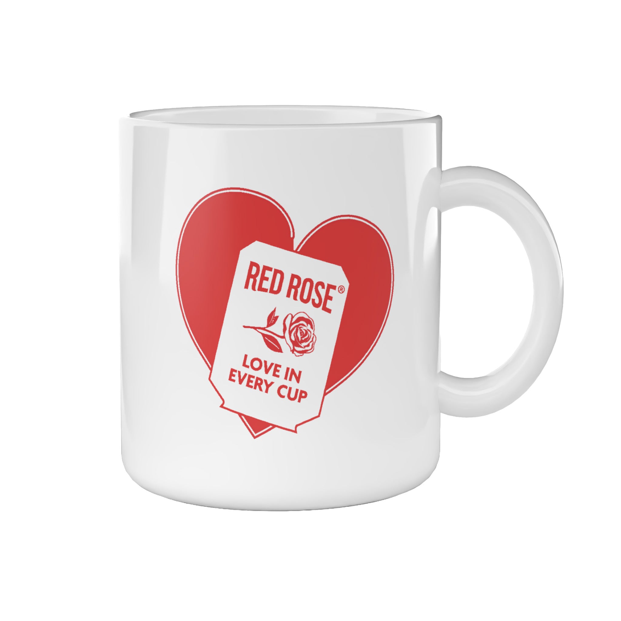 A white ceramic mug with a red heart and a red rose-shaped label graphic that reads 'RED ROSE' and 'LOVE IN EVERY CUP'.