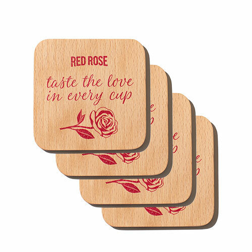 Red Rose "taste the love in every cup" coasters, set of 4