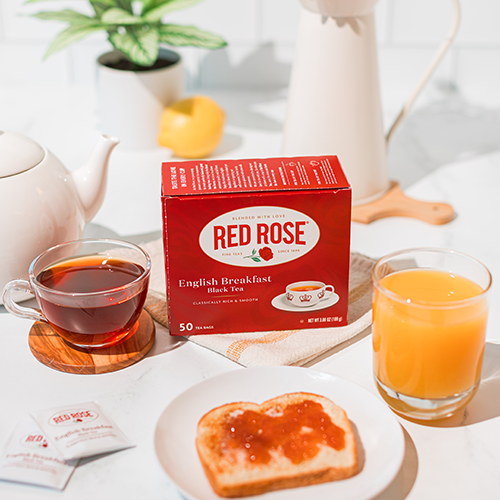 Red Rose English Breakfast Tea at a breakfast table