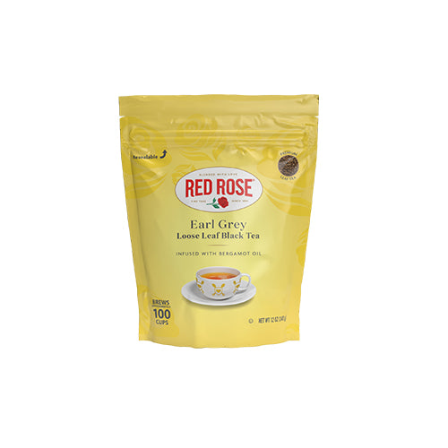 Yellow package of Red Rose Earl Grey loose leaf black tea on a white background