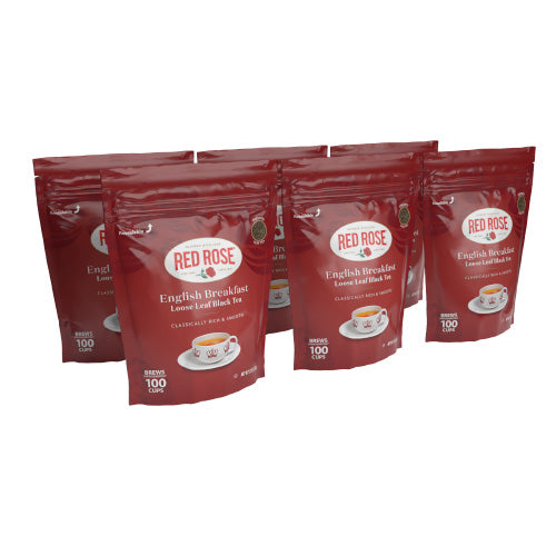 Red Rose English Breakfast loose leaf tea bags on a white background