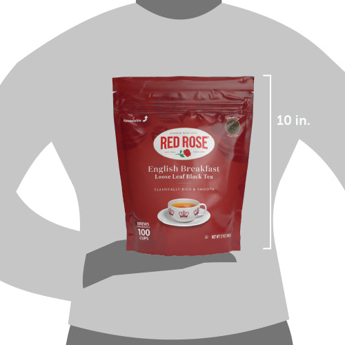Red Rose English Breakfast loose leaf tea package on a gray shirt with dimensions indicated.