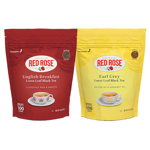 Two Red Rose tea packages, one red English Breakfast Loose Leaf and one yellow Earl Grey Loose Leaf, on a white background.