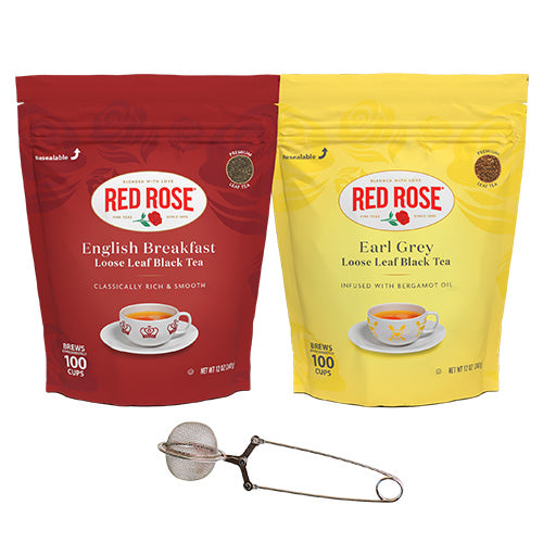 Two Red Rose tea packages, one red English Breakfast Loose Leaf and one yellow Earl Grey Loose Leaf, on a white background with a snapball style stainless steel infuser