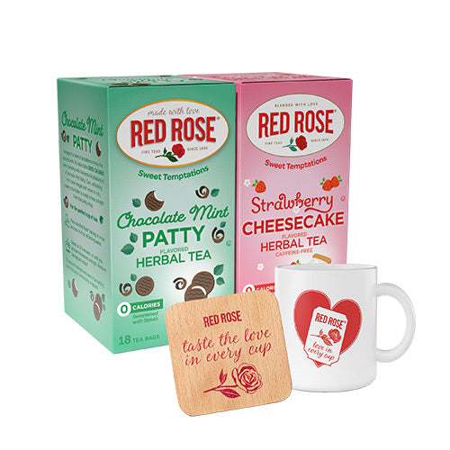 Red Rose Chocolate Mint Patty and Strawberry Cheesecake herbal tea boxes, mug, and coaster on a white background