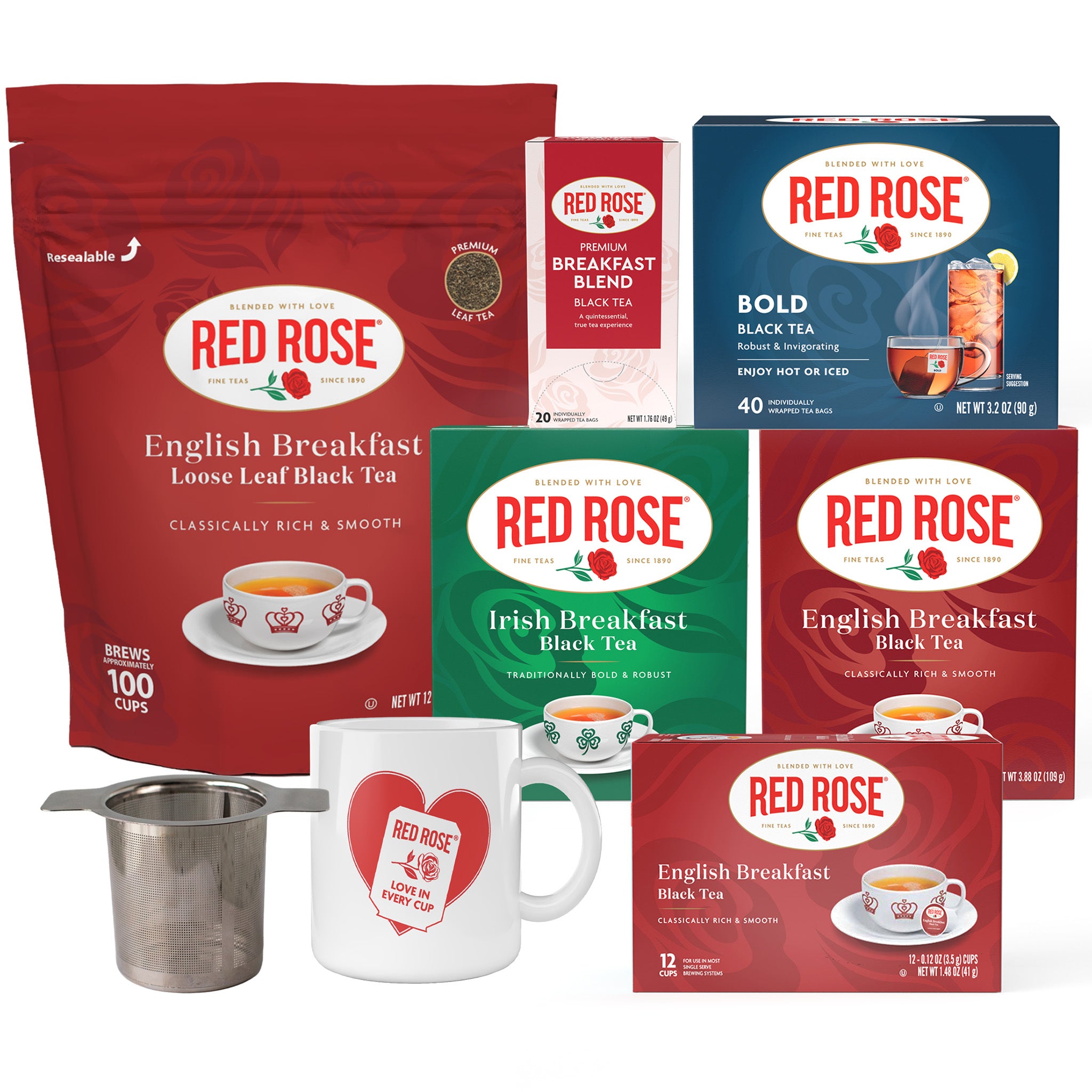 A tea gift set featuring Red Rose tea products including a large English Breakfast Loose Leaf Black Tea bag, a Bold Black Tea box, Irish Breakfast boxes, and smaller English Breakfast boxes, alongside a white mug with a Red Rose heart graphic and a metal tea infuser on a white background.
