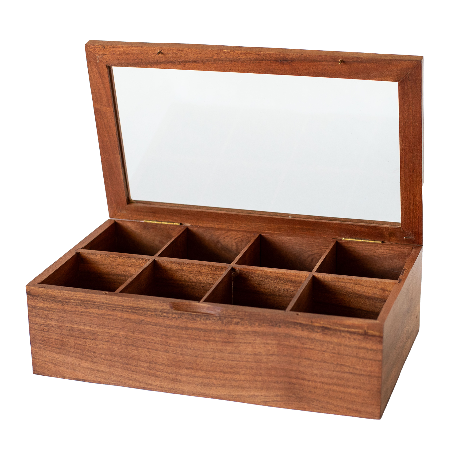 A wooden tea chest with multiple compartments, crafted to hold tea envelopes.