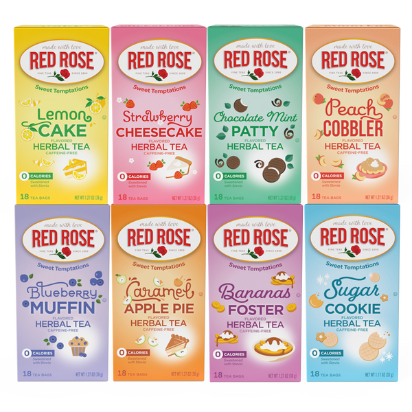 large bundle with eight tea boxes flavors lemon cake, strawberry cheesecake, blueberry muffin, caramel apple pie, chocolate mint patty, peach cobbler bananas foster, and sugar cookie