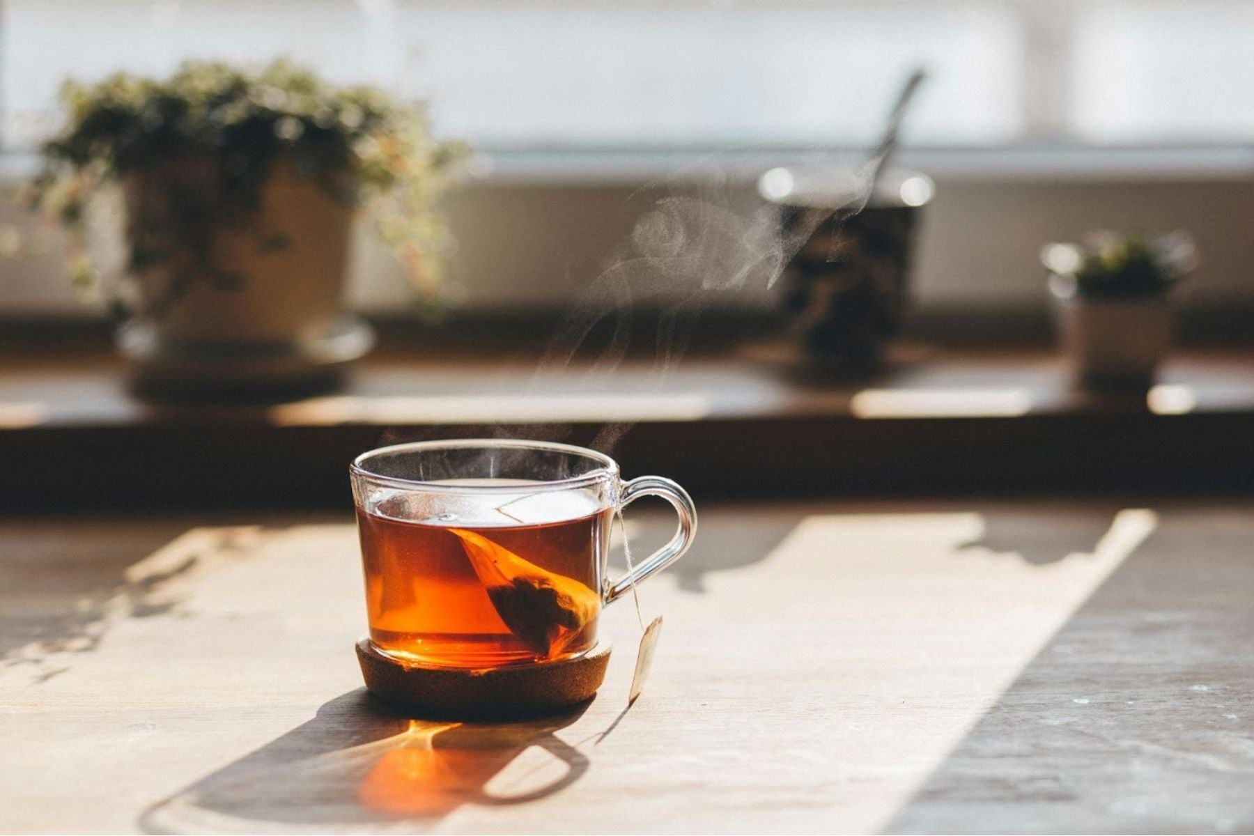 Glass cup of tea with a tea bag on a sunlit table with steam rising