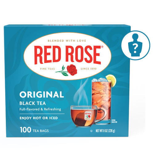 Box of Red Rose Original Black Tea with a Mystery Figurine on a white background
