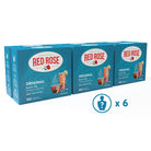 Six boxes of Red Rose Original Black Tea on a white background with a Mystery Figurine symbol