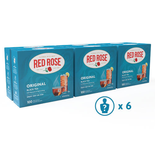 Six boxes of Red Rose Original Black Tea on a white background with a Mystery Figurine symbol