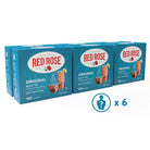 Six boxes of Red Rose Original Black Tea on a white background with a Mystery Figurine symbol