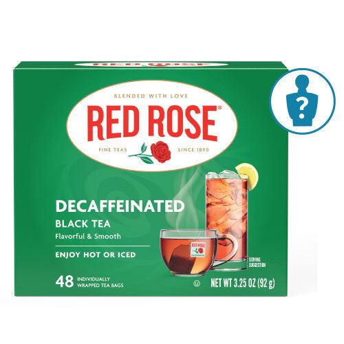 Red Rose Decaffeinated Black Tea box with a Mystery Figurine symbol