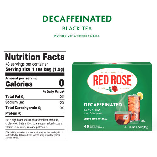 Red Rose Decaf Black Tea - 48ct - 6 pack Ingredients and Nutrition Facts