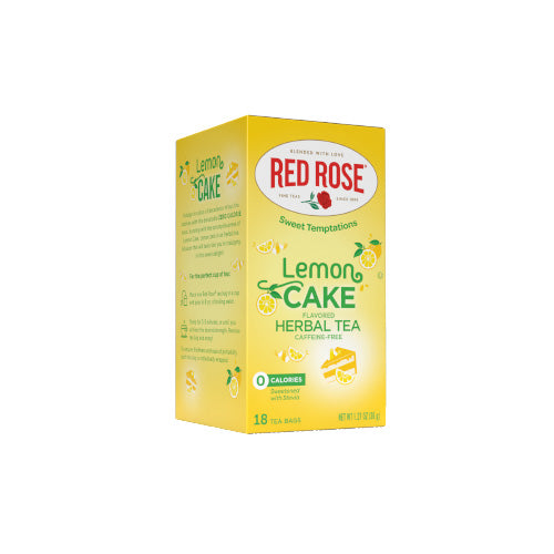 Yellow box of Red Rose Lemon Cake flavored herbal tea on a white background