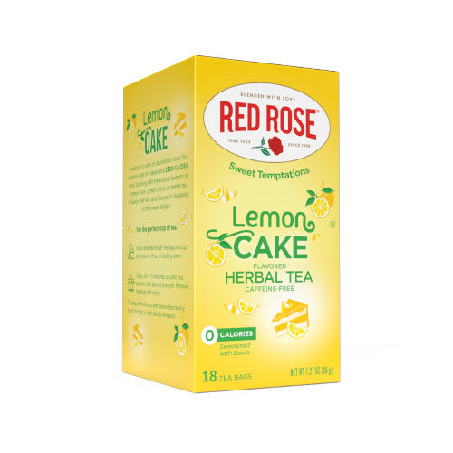 Yellow box of Red Rose Lemon Cake flavored herbal tea on a white background