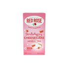 Pink box of Red Rose Strawberry Cheesecake herbal tea on a white background