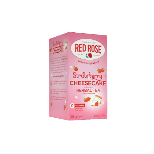 Pink box of Red Rose Strawberry Cheesecake herbal tea on a white background