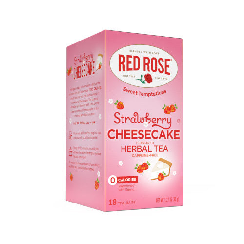 Pink box of Red Rose Strawberry Cheesecake flavored herbal tea on a white background