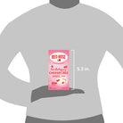 Red Rose Strawberry Cheesecake herbal tea box on a gray t-shirt with dimensions indicated.