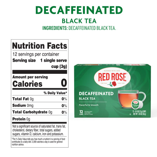 Red Rose Decaffeinated Black Tea Single Serve Cups packaging with nutrition facts on a white background