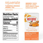 Red Rose Rejuvenate Turmeric Orange Herbal Tea packaging with nutrition facts label on a white background