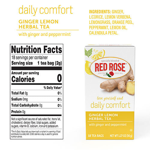 Red Rose Ginger Lemon Herbal Tea package with nutrition facts label on a white background